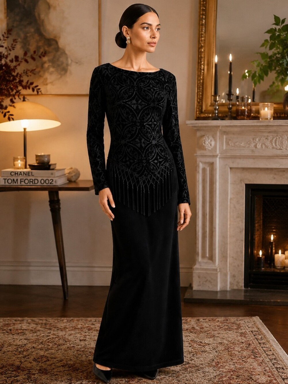 Vintage 90s Black Maxi Dress Size 14 Velvet Burnout Goth Vamp Fringe Silk Blend